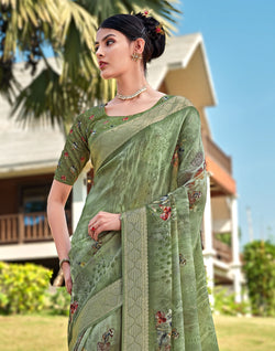 Collection of Olive Green Floral Motifs Dola Silk Saree in a gallery layout