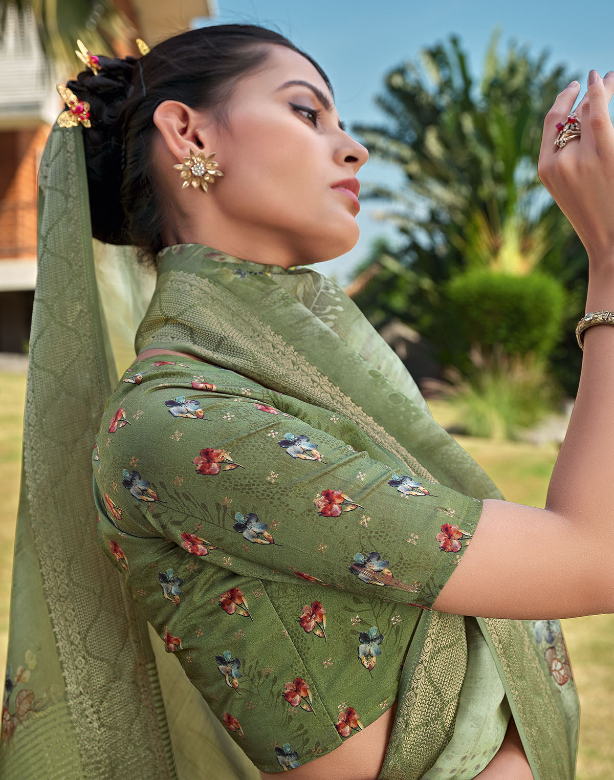 Collection of Olive Green Floral Motifs Dola Silk Saree in a gallery layout