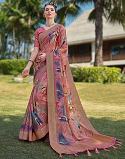 Collection of Peach Coloured Soft Dola Silk Saree in a gallery layout