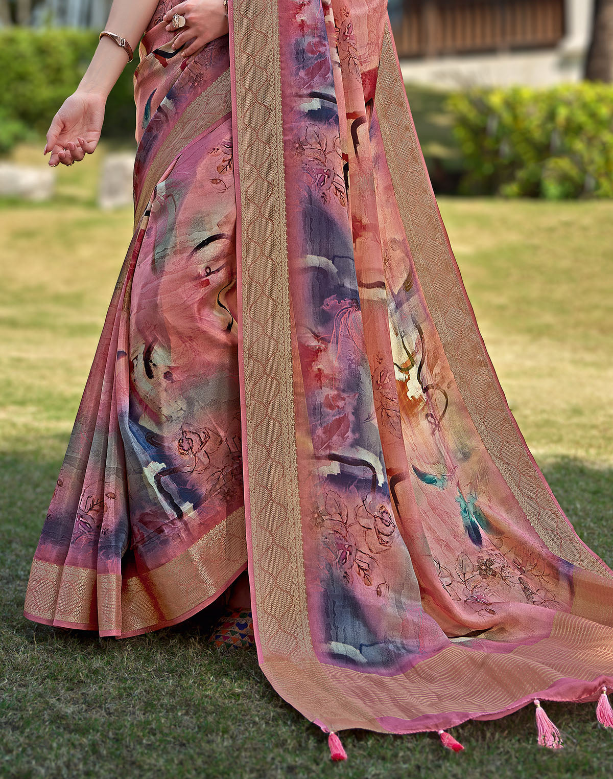 Collection of Peach Coloured Soft Dola Silk Saree in a gallery layout