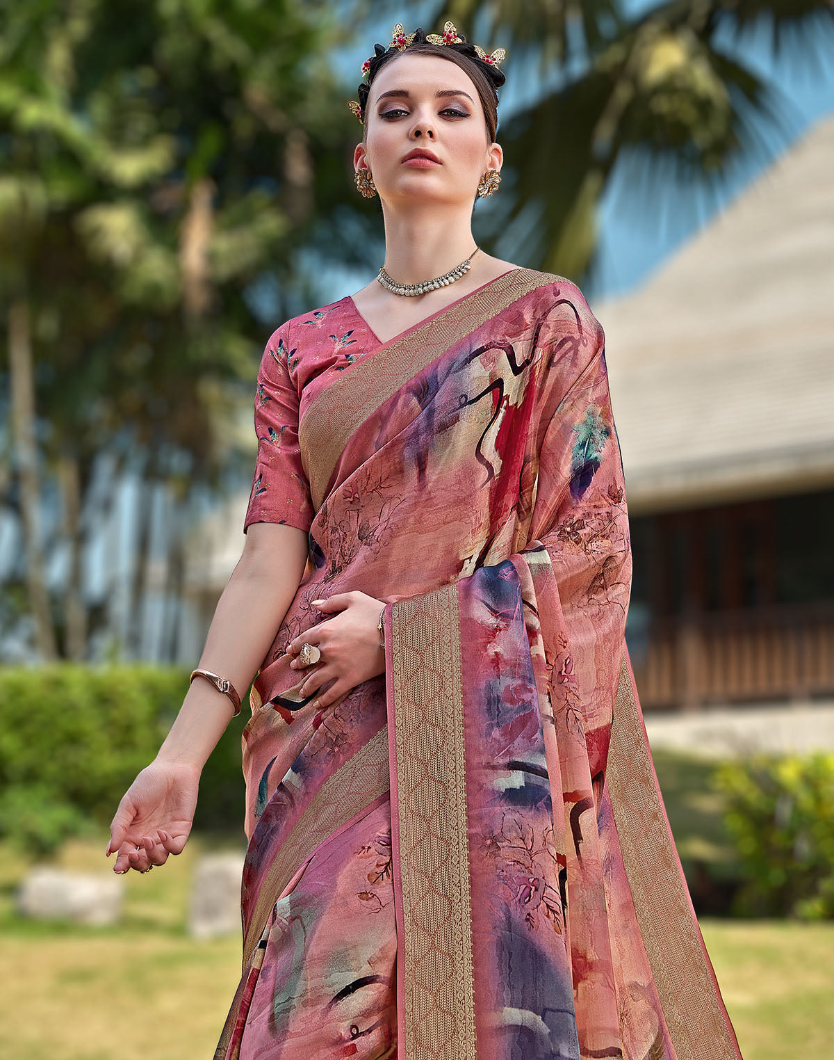 Collection of Peach Coloured Soft Dola Silk Saree in a gallery layout