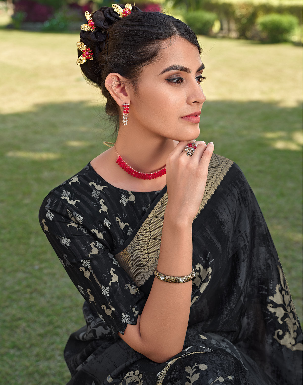 Collection of Black Coloured Ethnic Motifs Dola Silk Saree in a gallery layout