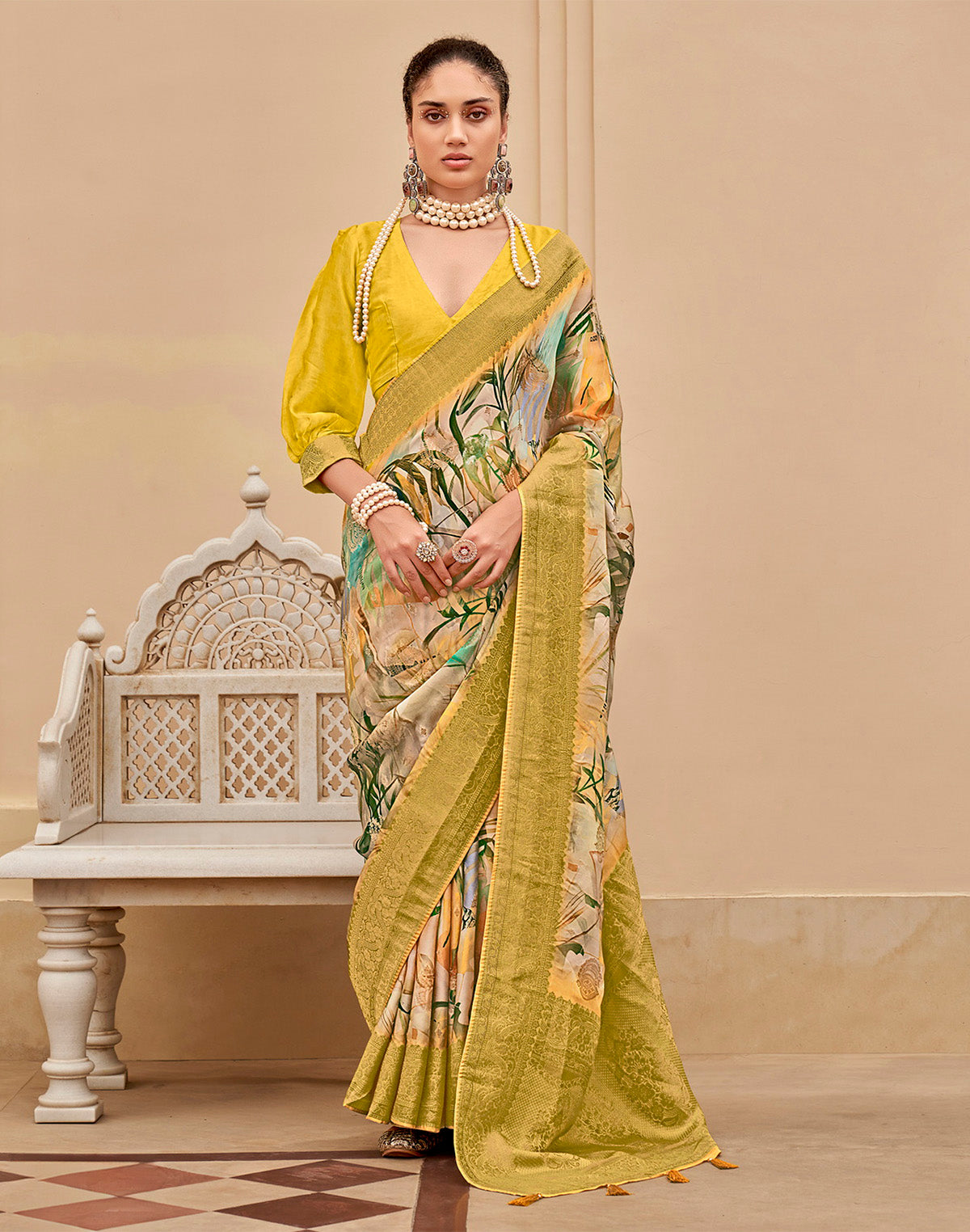 Mustard Art Silk Graphic Print Saree