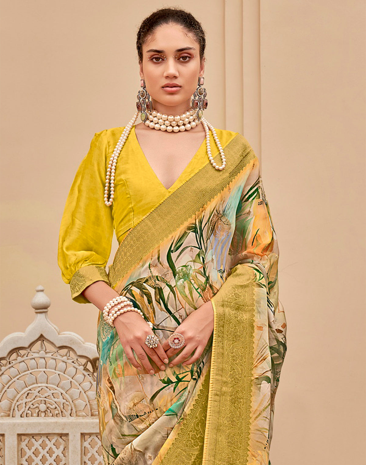 Collection of Mustard Art Silk Graphic Print Saree in a gallery layout