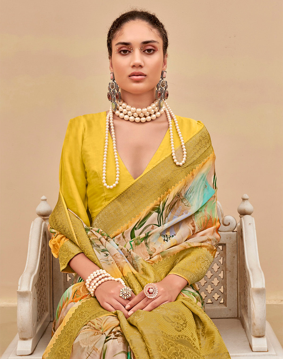 Collection of Mustard Art Silk Graphic Print Saree in a gallery layout