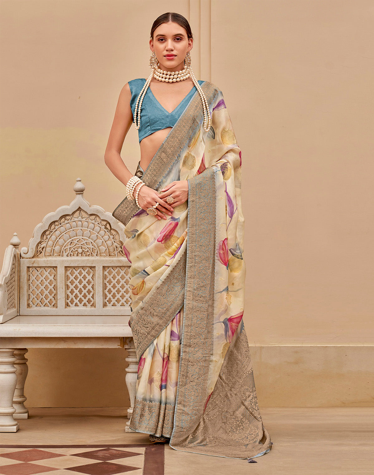 Collection of Cream Graphic Print Art Silk Saree with Copper Zari Border in a gallery layout