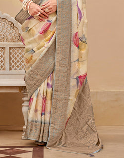 Collection of Cream Graphic Print Art Silk Saree with Copper Zari Border in a gallery layout