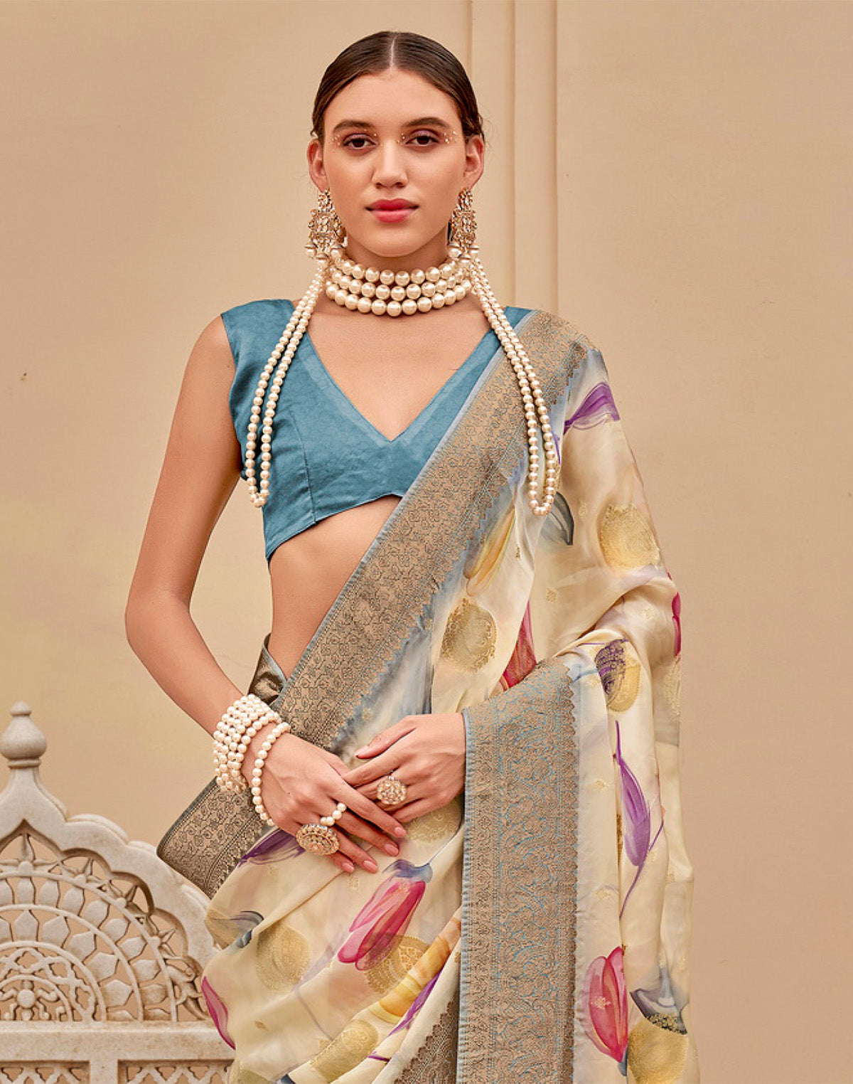 Collection of Cream Graphic Print Art Silk Saree with Copper Zari Border in a gallery layout