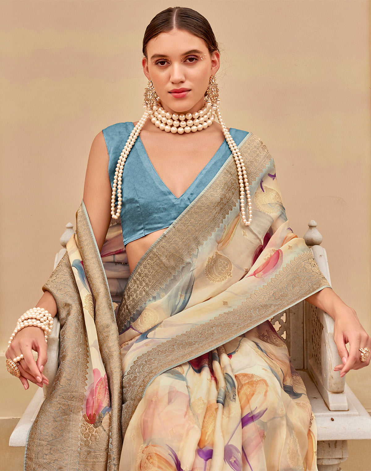 Collection of Cream Graphic Print Art Silk Saree with Copper Zari Border in a gallery layout