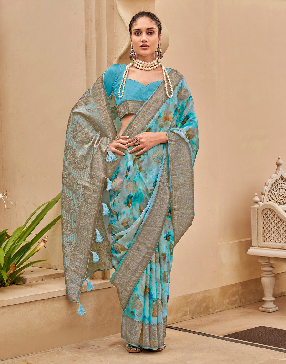 Sky Blue Floral Woven design Art Silk Saree