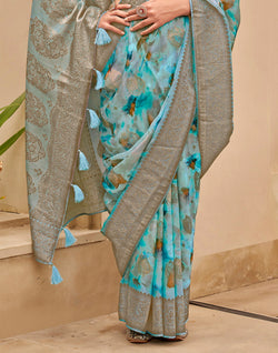 Collection of Sky Blue Floral Woven design Art Silk Saree in a gallery layout