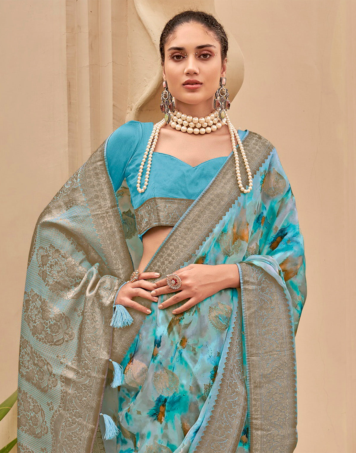 Collection of Sky Blue Floral Woven design Art Silk Saree in a gallery layout