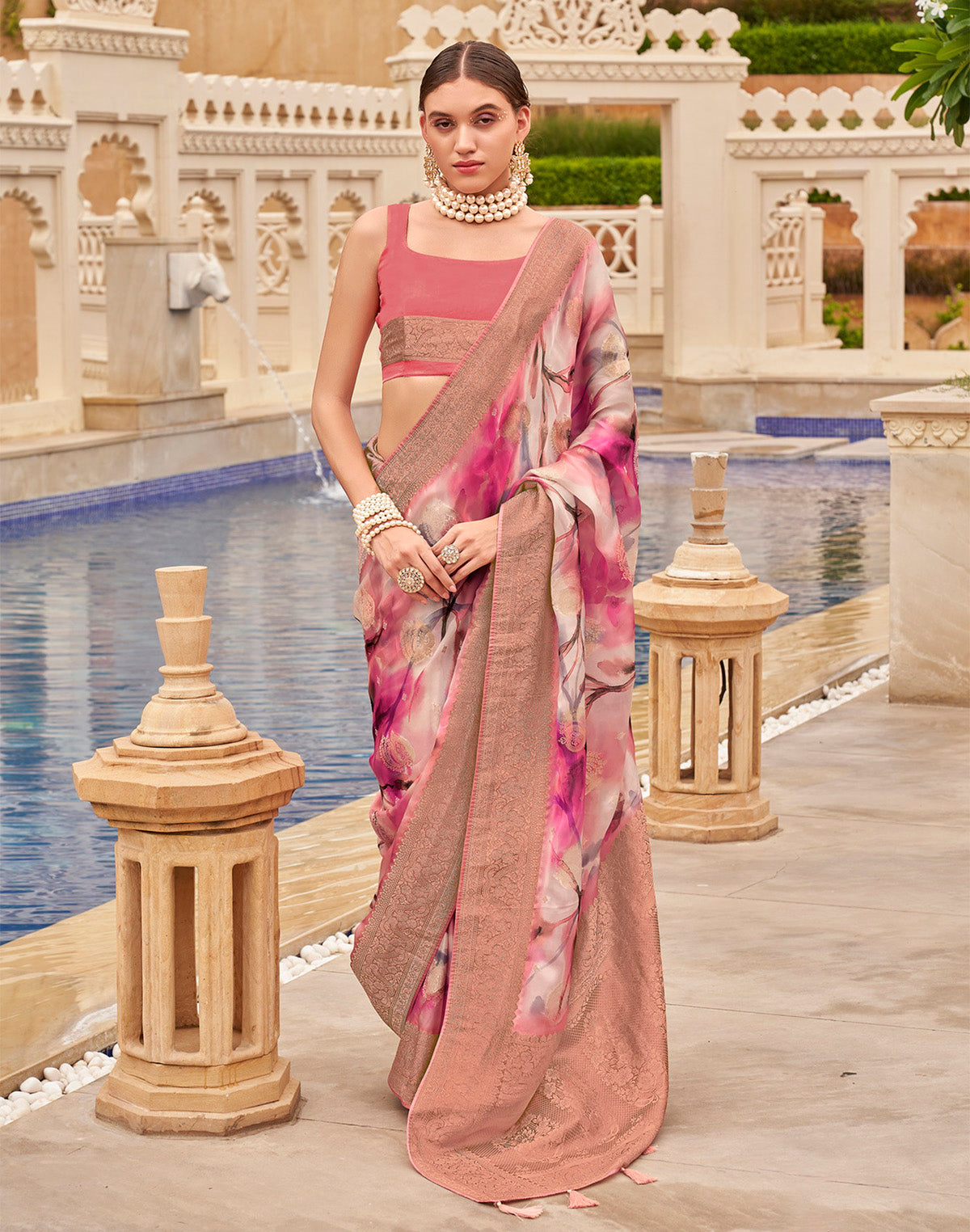 Collection of Pink Coloured Graphic Print Art Silk Trendy Saree in a gallery layout