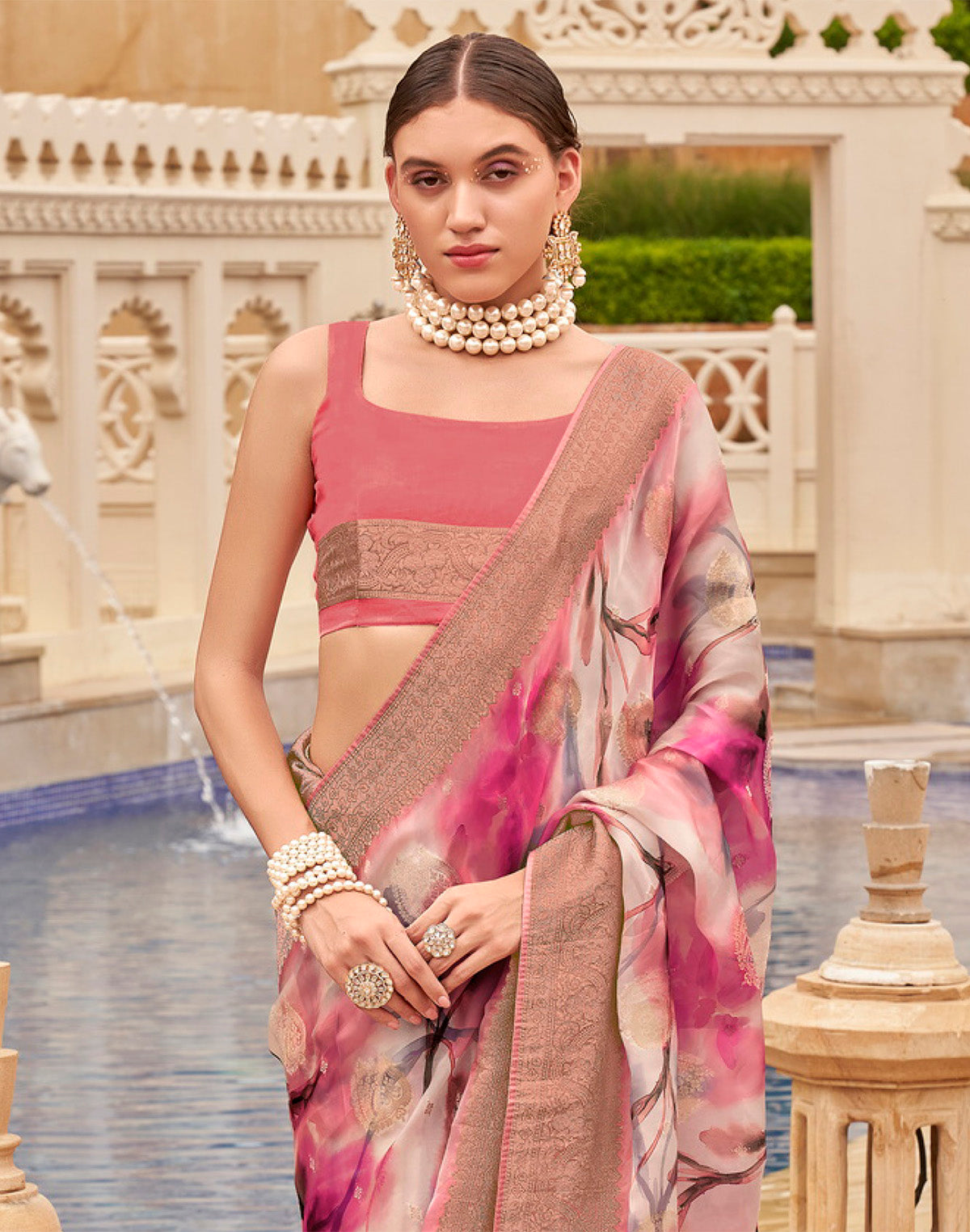 Collection of Pink Coloured Graphic Print Art Silk Trendy Saree in a gallery layout