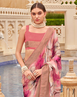 Collection of Pink Coloured Graphic Print Art Silk Trendy Saree in a gallery layout