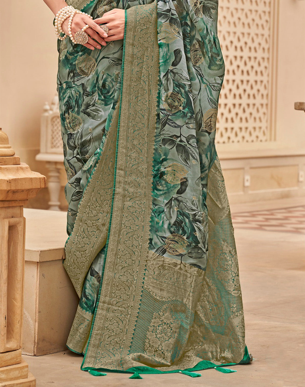 Green Floral design Art Silk Saree with Golden Zari Border