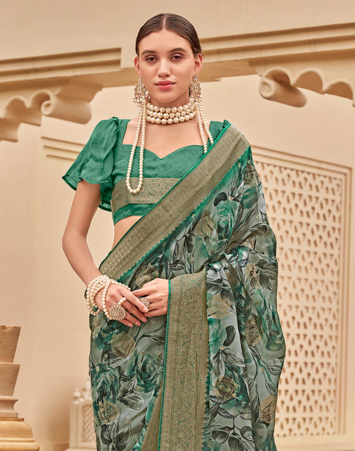 Collection of Green Floral design Art Silk Saree with Golden Zari Border in a gallery layout