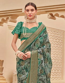 Collection of Green Floral design Art Silk Saree with Golden Zari Border in a gallery layout