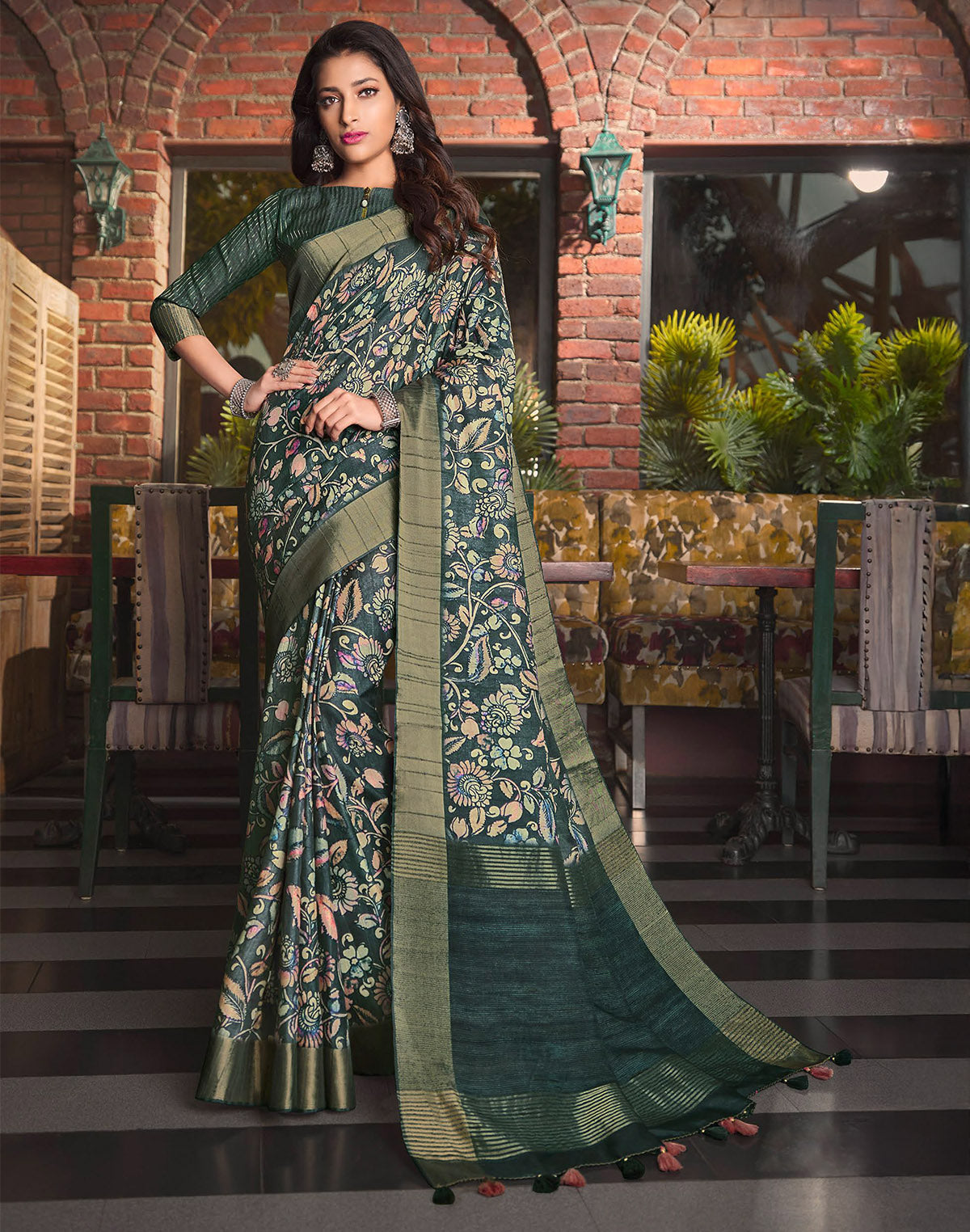 Collection of Dark Green Floral Print Tussar Silk Kaddi Border Saree in a gallery layout