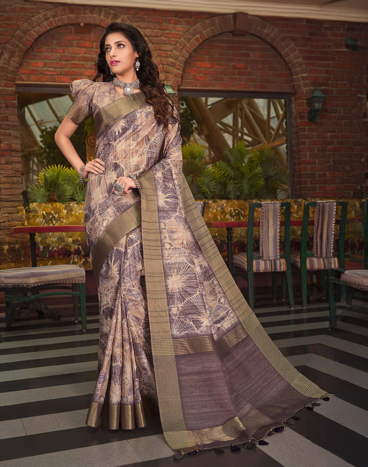 Collection of Brown Graphic Kaddi Border Tussar Silk Saree in a gallery layout