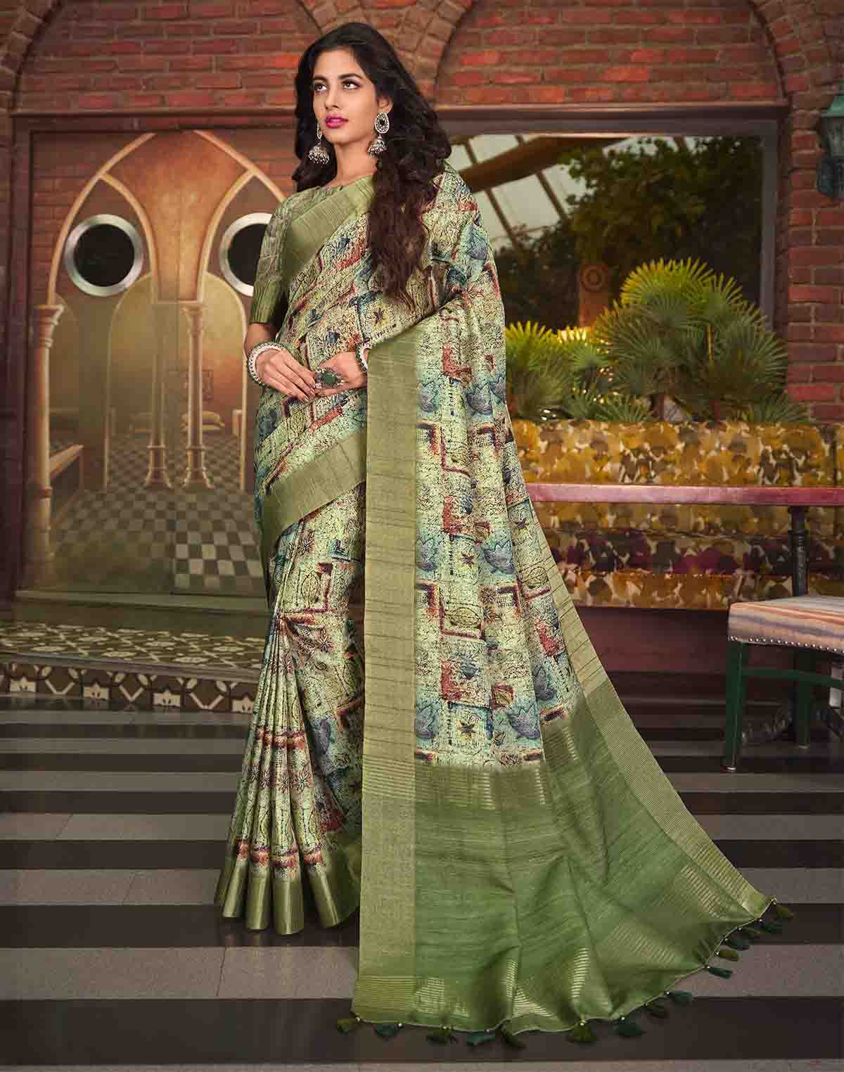 Collection of Olive Green Tussar Silk Graphic Pint Saree in a gallery layout