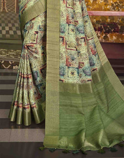 Collection of Olive Green Tussar Silk Graphic Pint Saree in a gallery layout