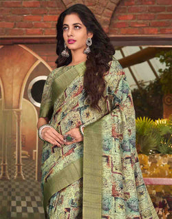 Collection of Olive Green Tussar Silk Graphic Pint Saree in a gallery layout