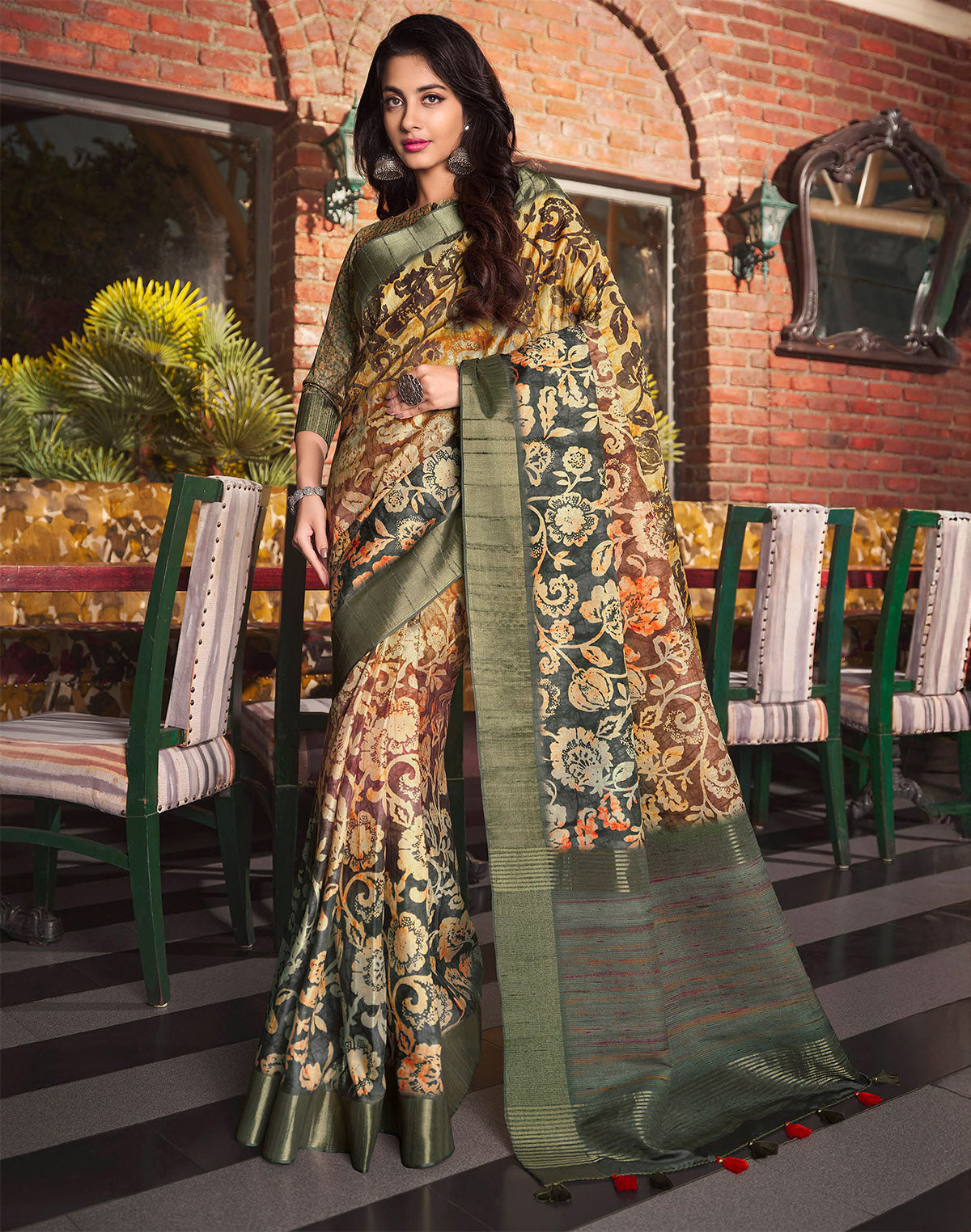 Collection of Multi Color Floral Print Tussar Silk Designer Saree in a gallery layout