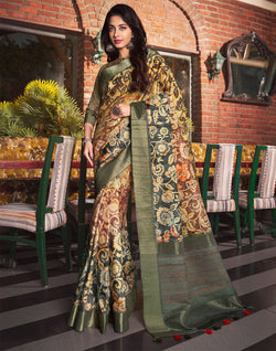 Collection of Multi Color Floral Print Tussar Silk Designer Saree in a gallery layout