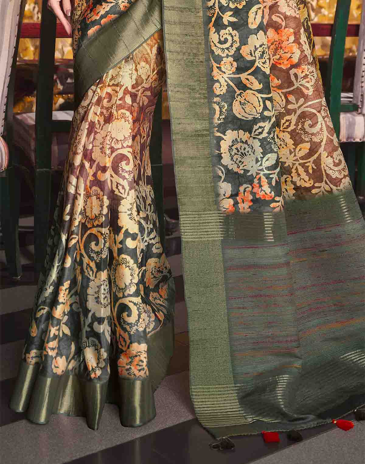 Collection of Multi Color Floral Print Tussar Silk Designer Saree in a gallery layout