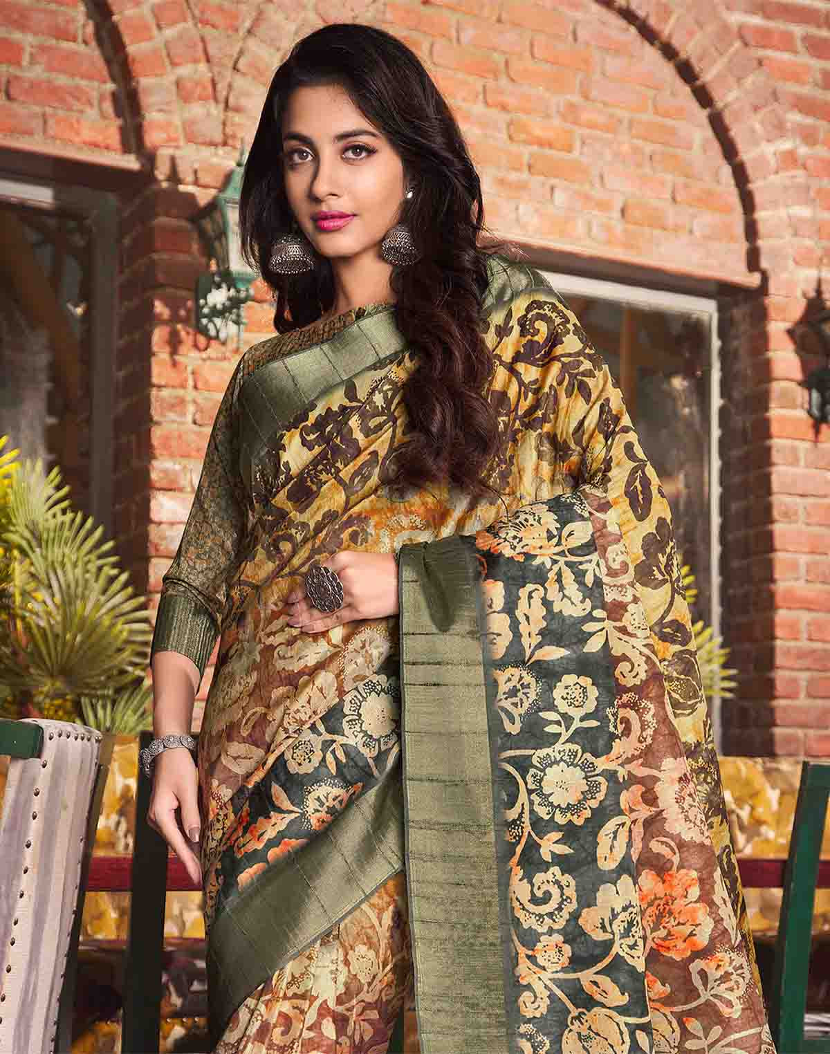 Collection of Multi Color Floral Print Tussar Silk Designer Saree in a gallery layout