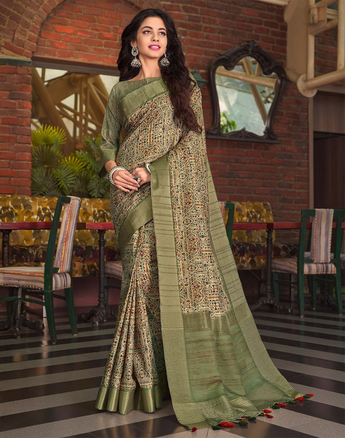 Collection of Light Green All Over Digital Print Tussar Silk Saree in a gallery layout