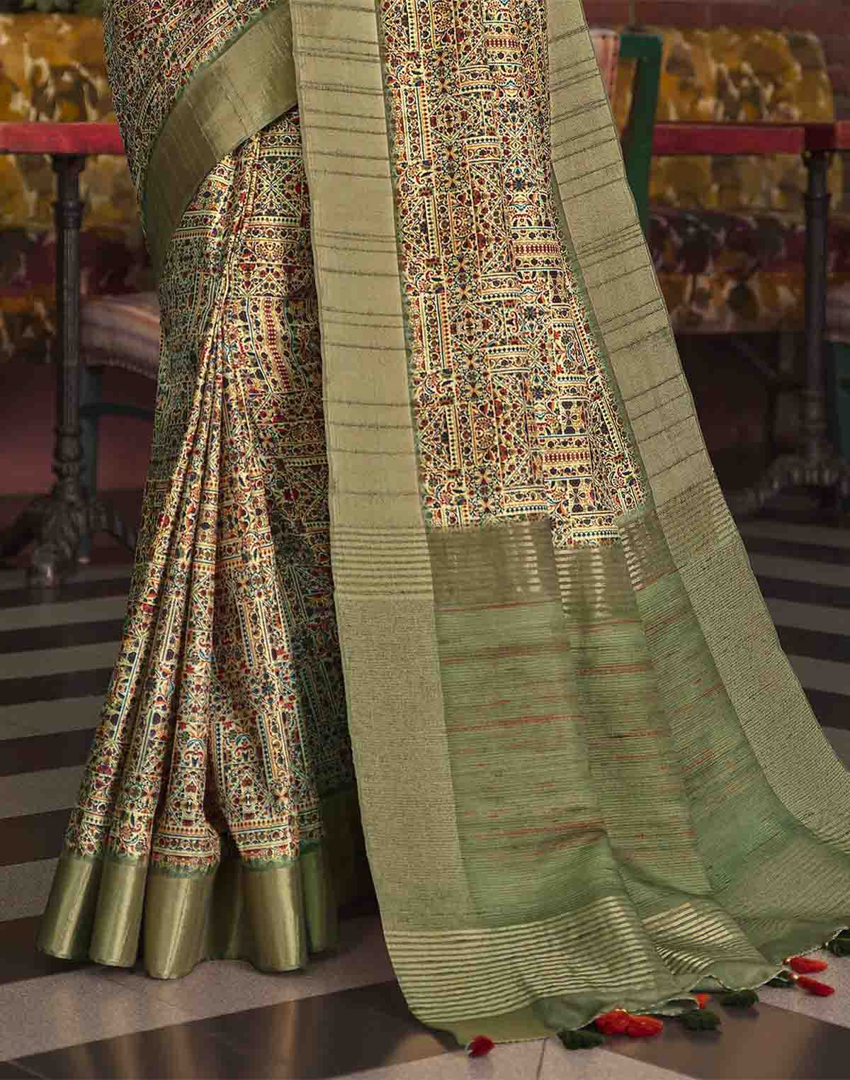 Collection of Light Green All Over Digital Print Tussar Silk Saree in a gallery layout