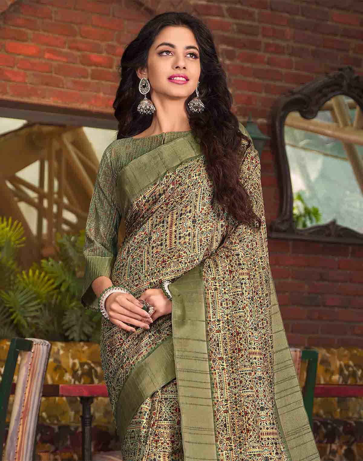 Collection of Light Green All Over Digital Print Tussar Silk Saree in a gallery layout