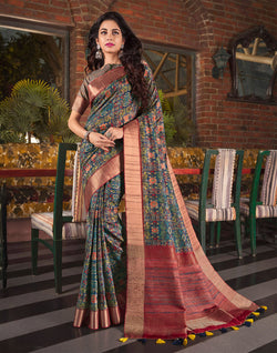 Collection of Rama Blue Digital Printed Tussar Silk Saree in a gallery layout