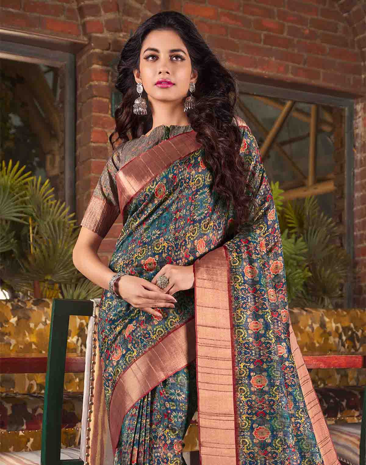 Rama Blue Digital Printed Tussar Silk Saree