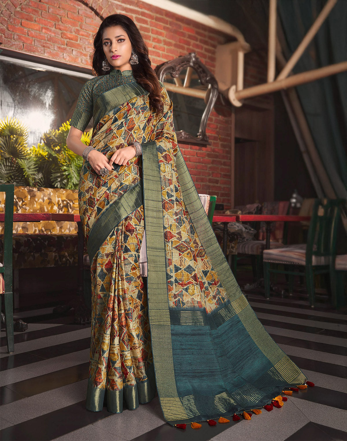 Collection of Multi Color Tussar Silk Graphic Print Festive Saree in a gallery layout