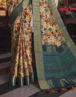 Collection of Multi Color Tussar Silk Graphic Print Festive Saree in a gallery layout