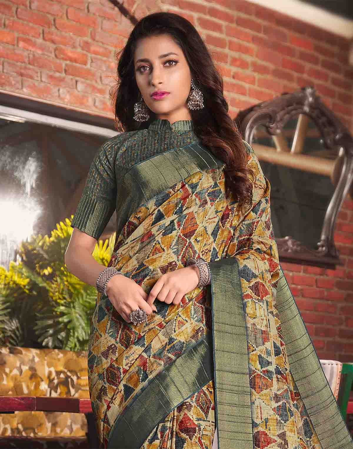 Collection of Multi Color Tussar Silk Graphic Print Festive Saree in a gallery layout