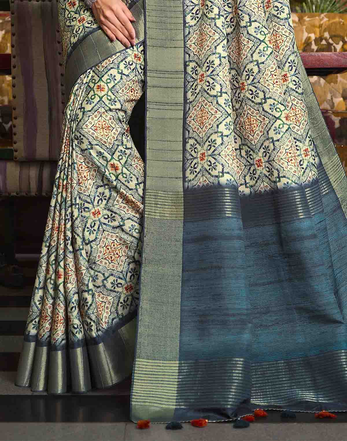 Collection of Light Grey All Over Floral Print Tussar Silk Saree in a gallery layout