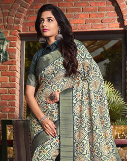 Collection of Light Grey All Over Floral Print Tussar Silk Saree in a gallery layout