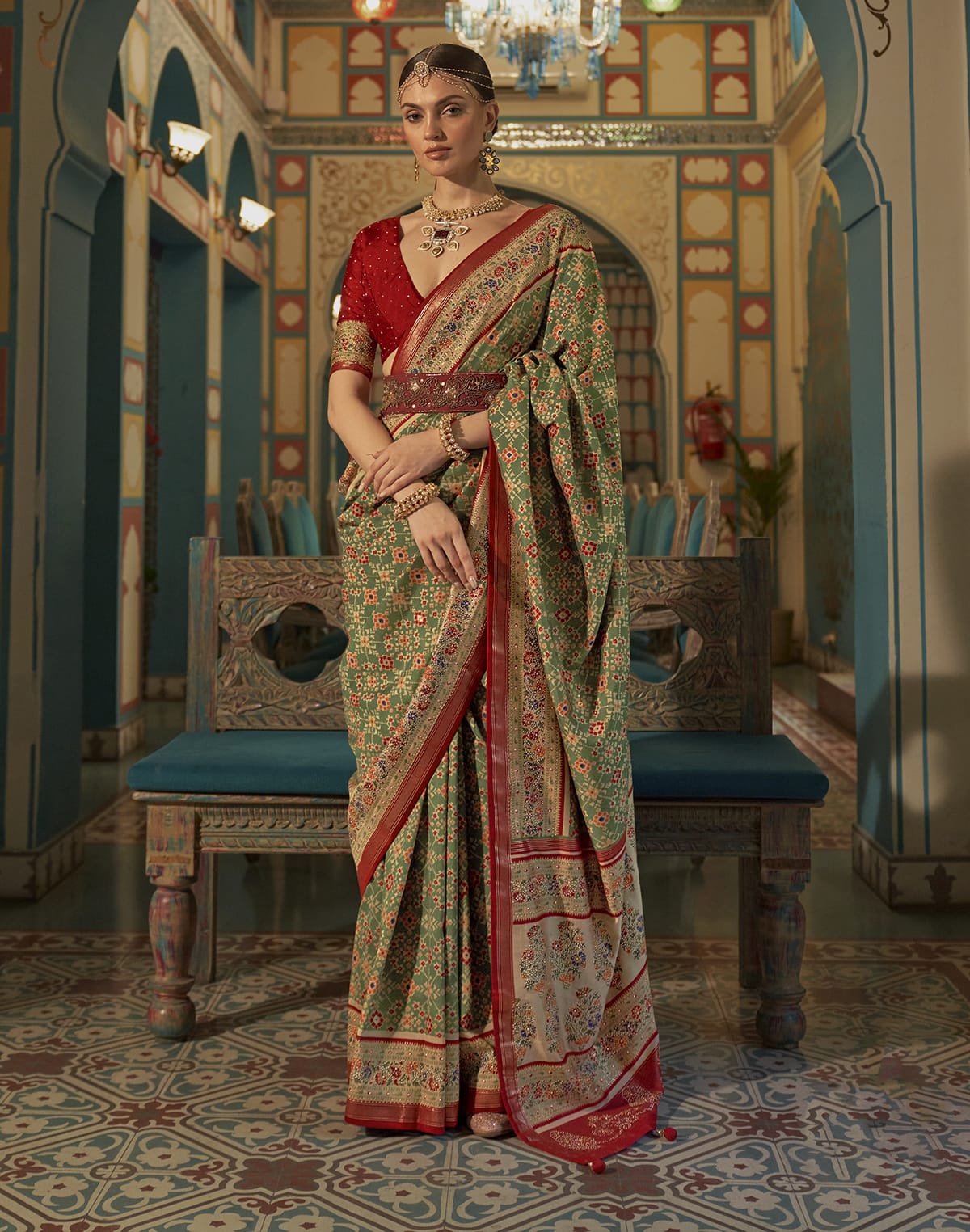 Collection of Green and Maroon Ikat Print Patola Saree in a gallery layout