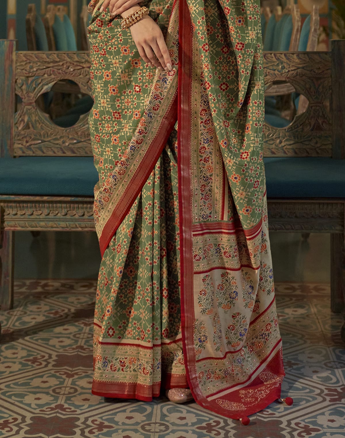 Collection of Green and Maroon Ikat Print Patola Saree in a gallery layout