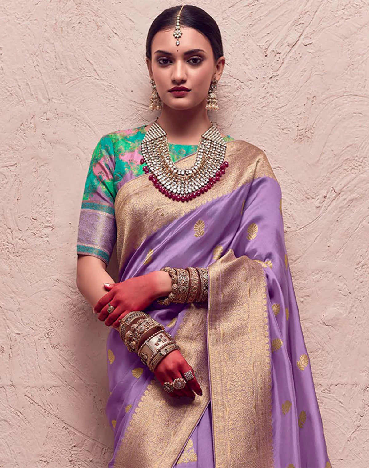 Collection of Lilac Purple Banarasi Crepe Dola Silk Saree With Designer Blouse in a gallery layout