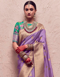 Collection of Lilac Purple Banarasi Crepe Dola Silk Saree With Designer Blouse in a gallery layout