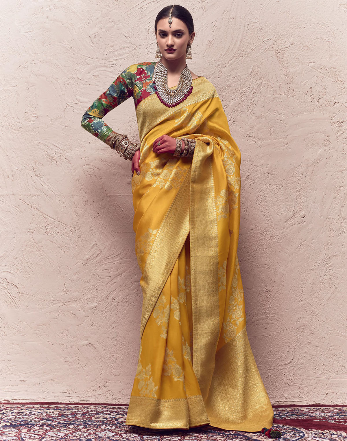 Mustard Banarasi Pure Crepe Dola Silk Designer Saree