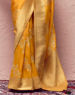 Collection of Mustard Banarasi Pure Crepe Dola Silk Designer Saree in a gallery layout