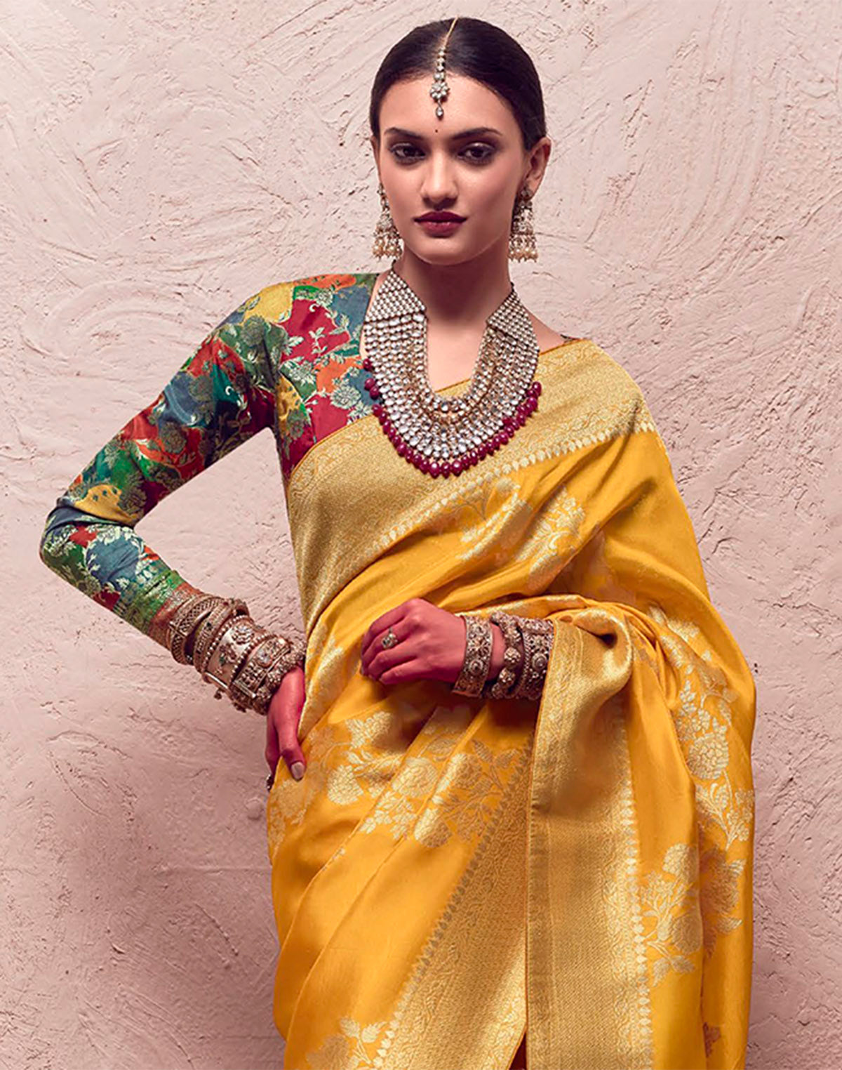 Mustard Banarasi Pure Crepe Dola Silk Designer Saree