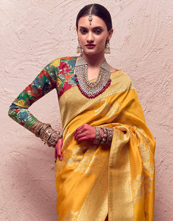 Collection of Mustard Banarasi Pure Crepe Dola Silk Designer Saree in a gallery layout