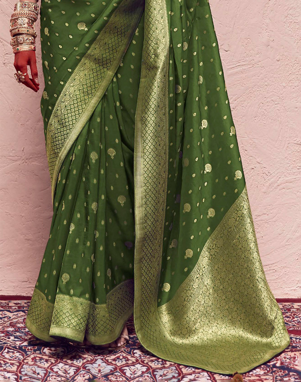 Collection of Olive Green Banarasi Crepe Dola Silk Saree in a gallery layout